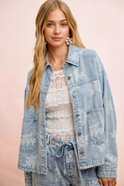 BiBi Printed Washed Denim Jacket With Pocket