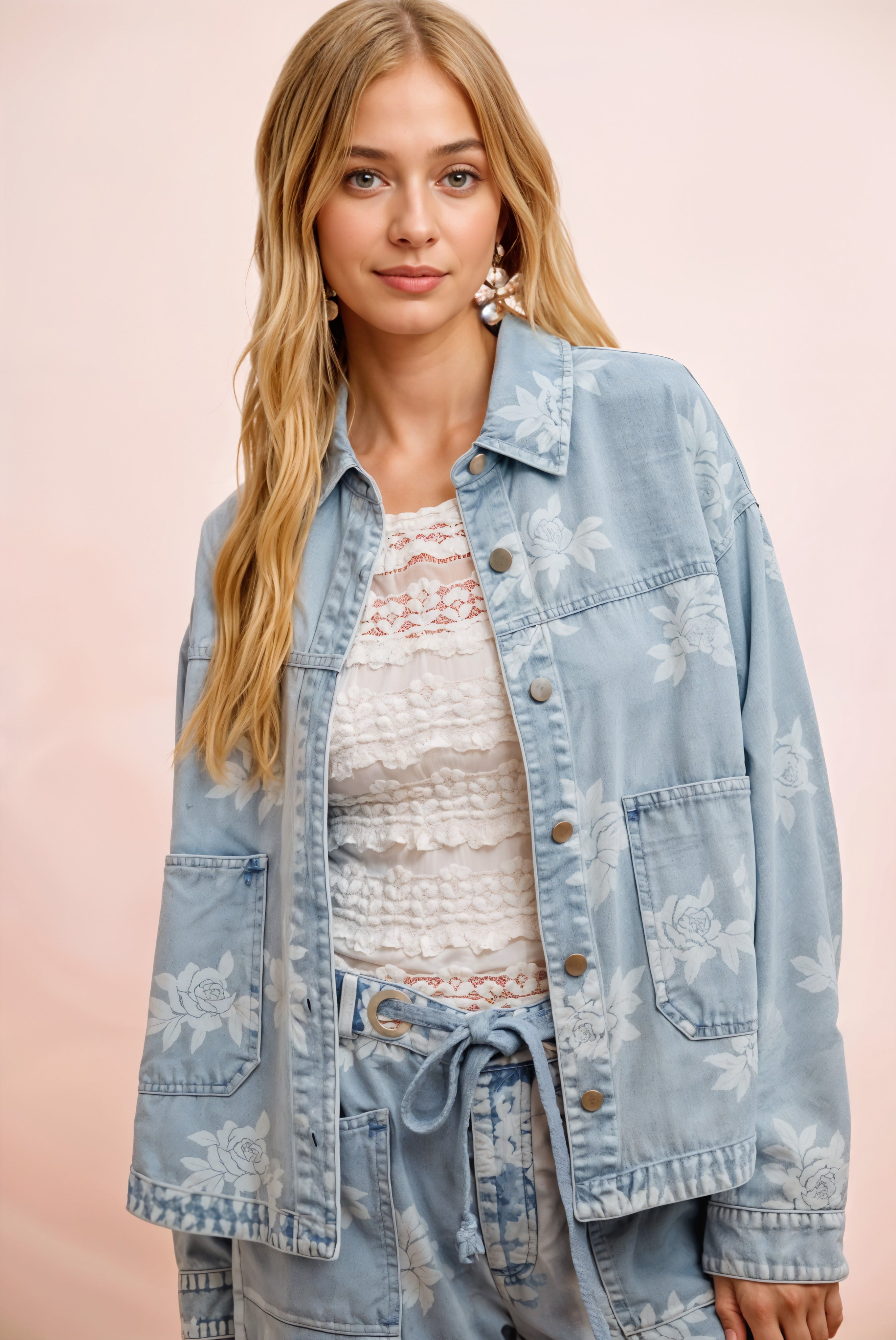 BiBi Printed Washed Denim Jacket With Pocket