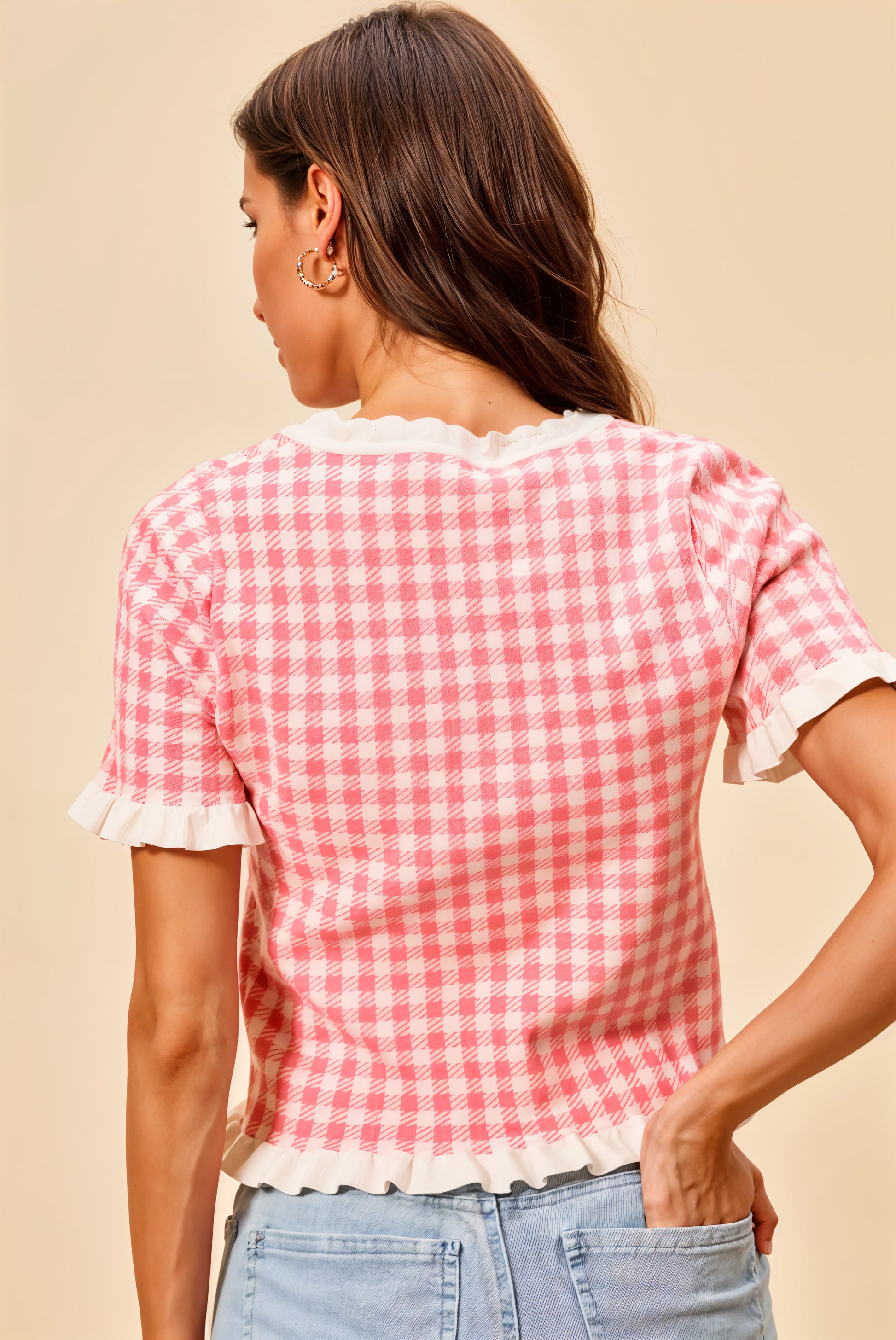 SO ME Gingham Knit Ruffled Short Sleeves Sweater Top