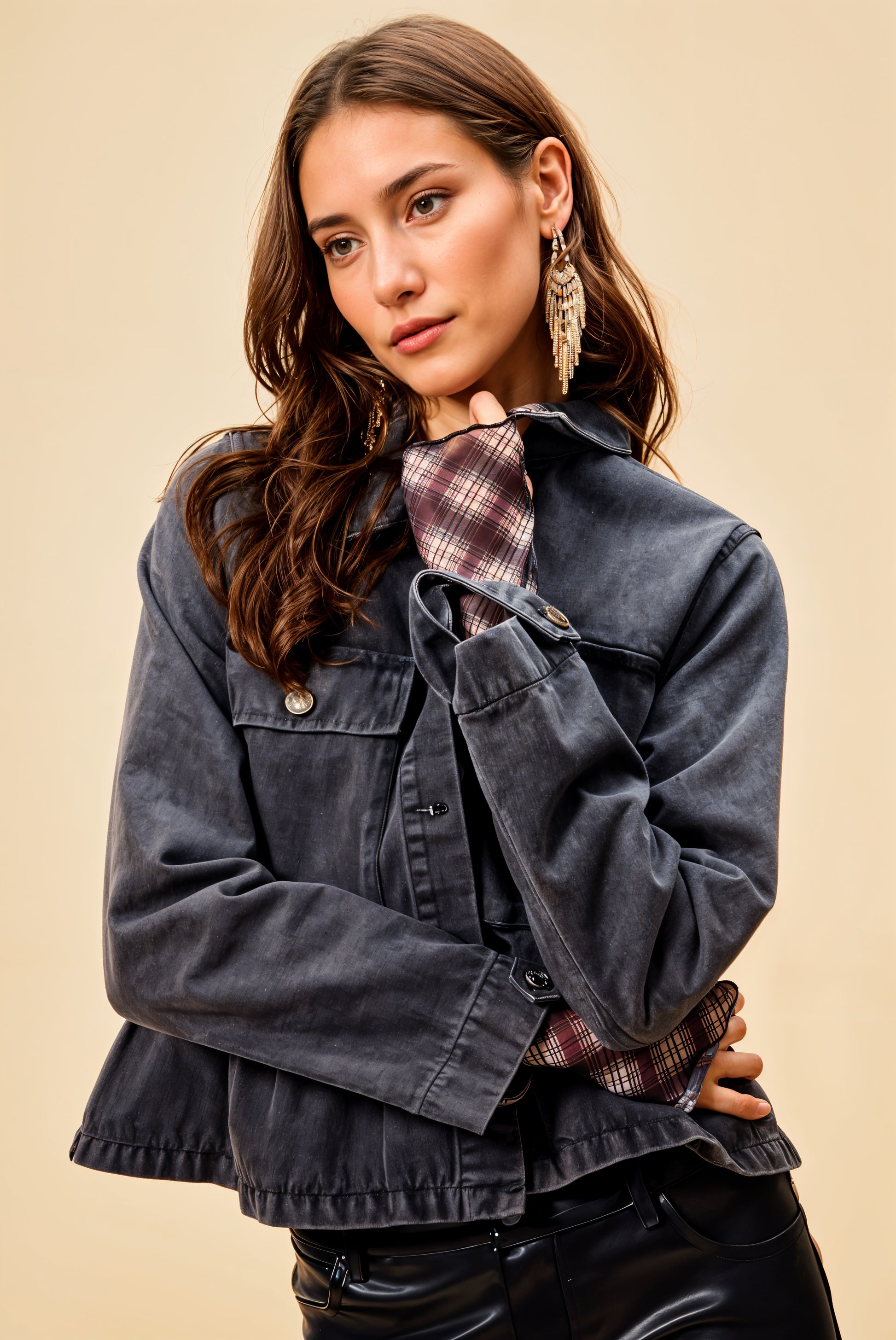 Denim Peplum Hem Front Button Jacket With Pockets SO ME