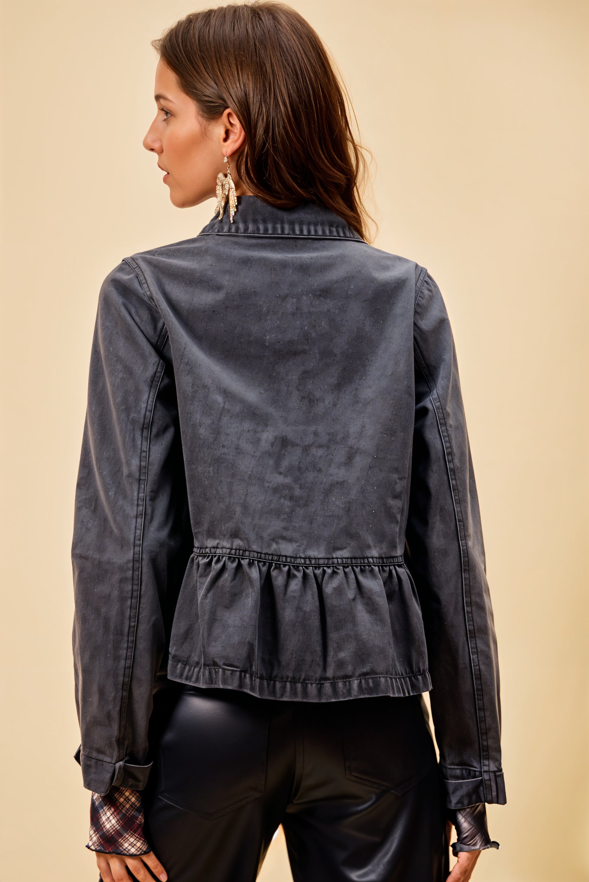 Denim Peplum Hem Front Button Jacket With Pockets SO ME