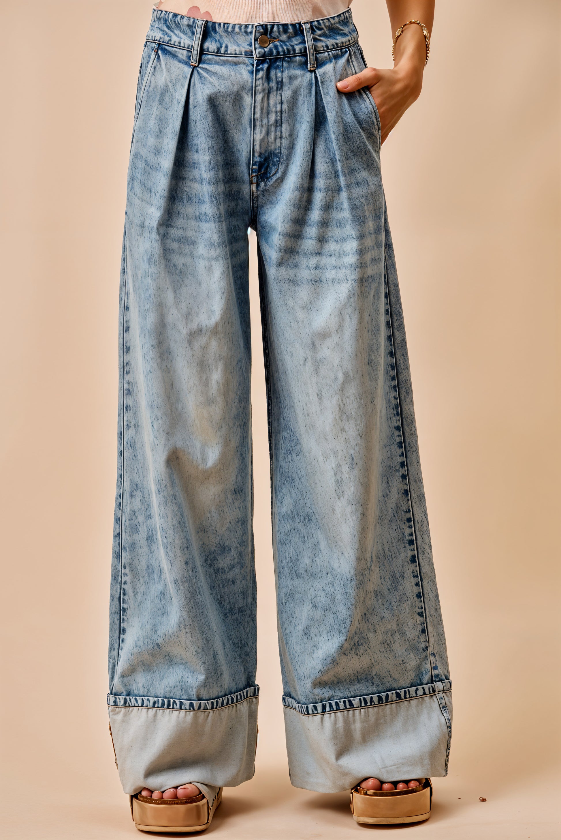 SO ME Mid Rise Plated Wid Leg Denim Jean
