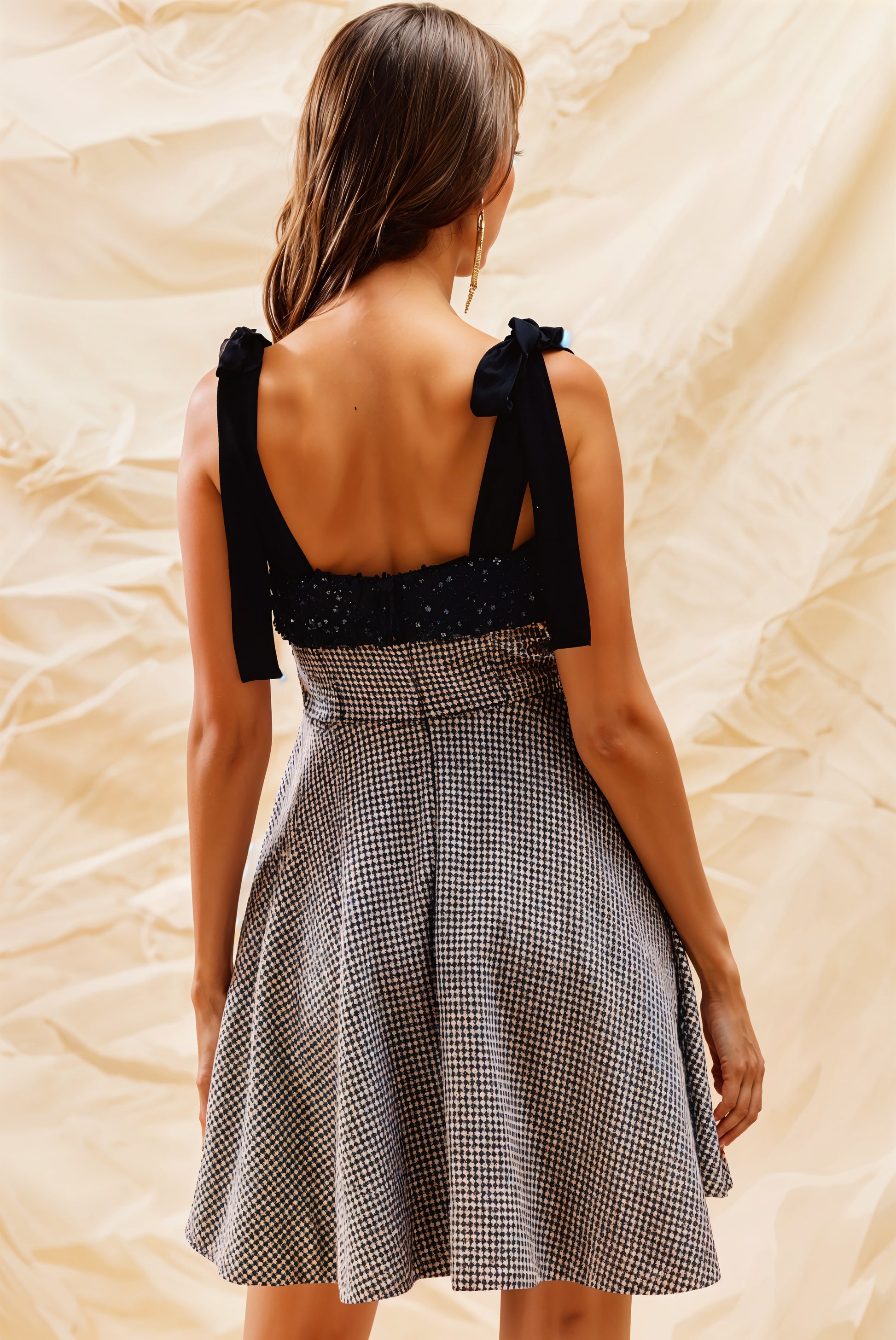Houndstooth Fit Flare Mini Dress with Shoulder Tie SO ME